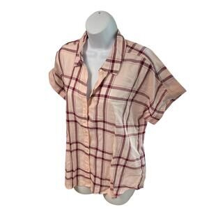 Calvin Klein‎ Top L Pink Plaid Button Up Lightweight Short Sleeve Fall